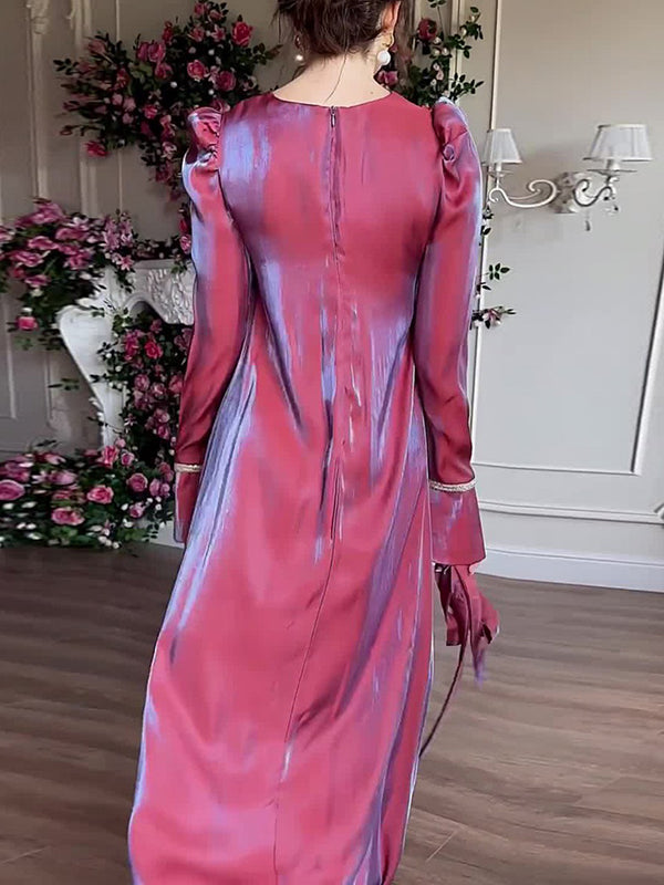 Pleated Solid Color Tied Waist Zipper A-Line Long Sleeves Round-Neck Maxi Dresses