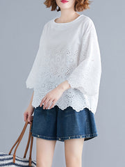 Hollow Print Loose Three-quarter Sleeves Round-neck Blouses&shirts Tops