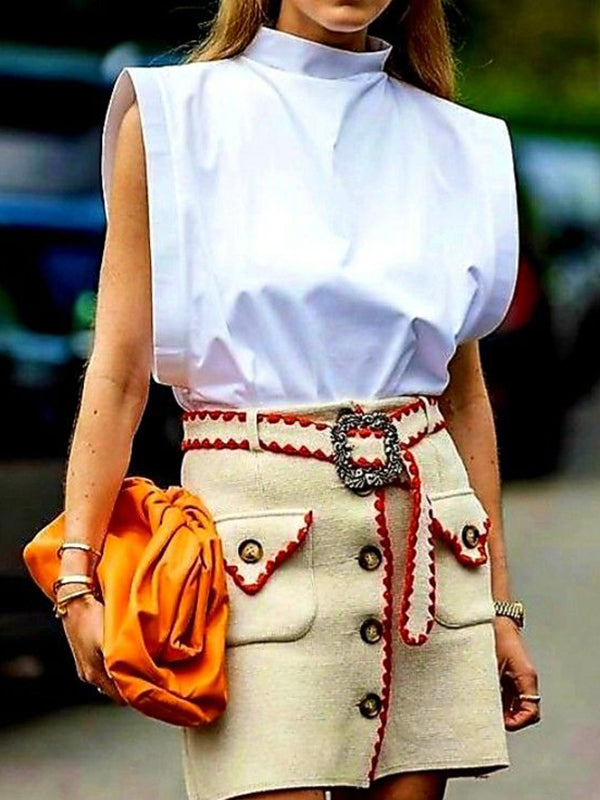 Solid Color Cap Sleeve Loose Mock Neck T-Shirts Tops