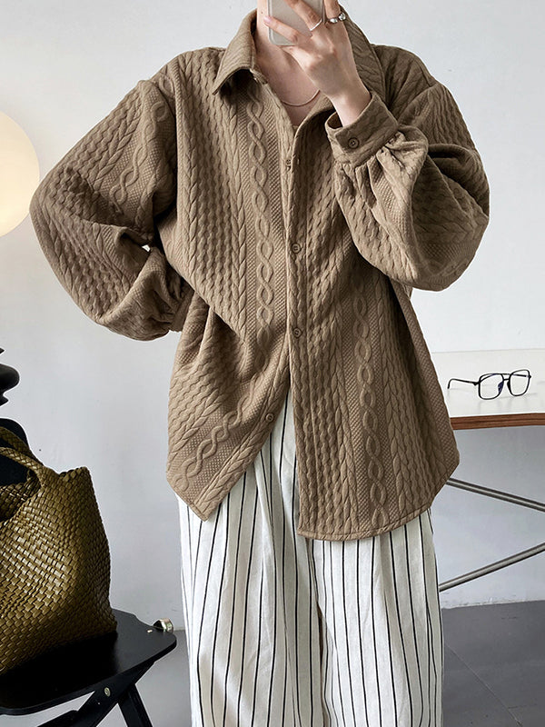 Simple Loose Long Sleeves Buttoned Solid Color Textured Lapel Collar Blouses&Shirts Tops