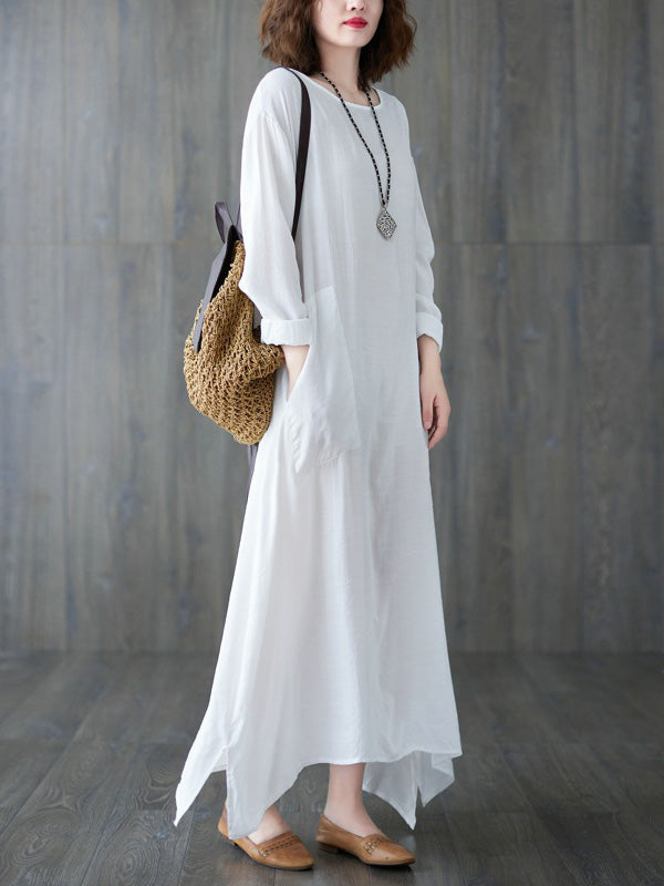 Casual Long Sleeves Loose Solid Color Round-Neck Maxi Dresses