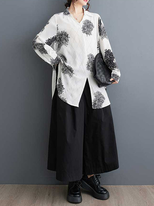 Buttoned Flower Print Pleated Split-front Long Sleeves Loose Lapel Blouses&shirts Tops
