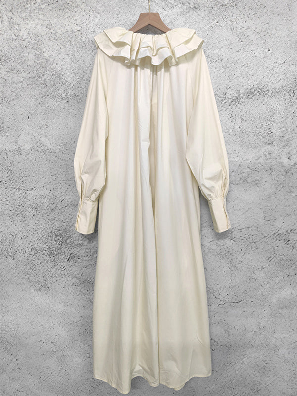 Pleated Solid Color Split-Joint Tiered Loose Puff Sleeves V-Neck Midi Dresses
