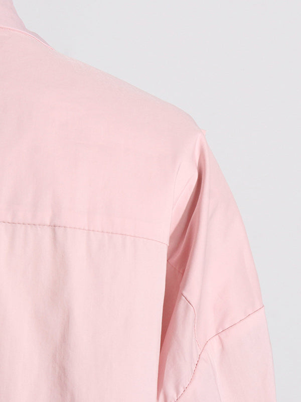 Asymmetric Buttoned Pleated Solid Color Split-Joint Three-Dimensional Flower Long Sleeves Loose Lapel Blouses&Shirts Tops