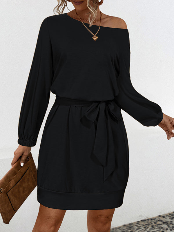 Elasticity Solid Color Tied Waist Long Sleeves Loose One-Shoulder Mini Dresses