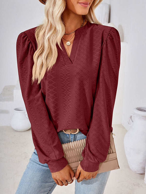 Jacquard Solid Color Long Sleeves Loose V-neck T-Shirts Tops