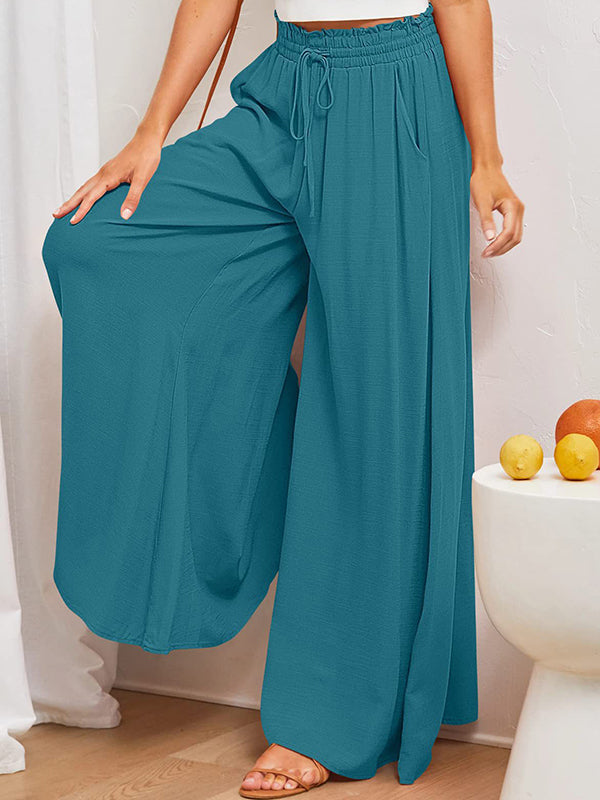 Drawstring Elasticity Pleated Pockets Solid Color High Waisted Loose Trousers Pants
