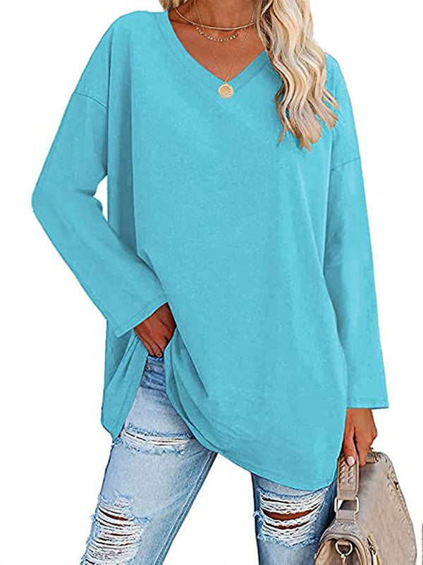See-Through Solid Color Split-Joint Long Sleeves Loose V-neck T-shirts