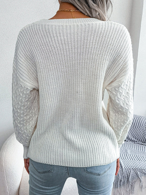 Cable Knit Solid Color Long Sleeves Loose Round-Neck Sweater Tops