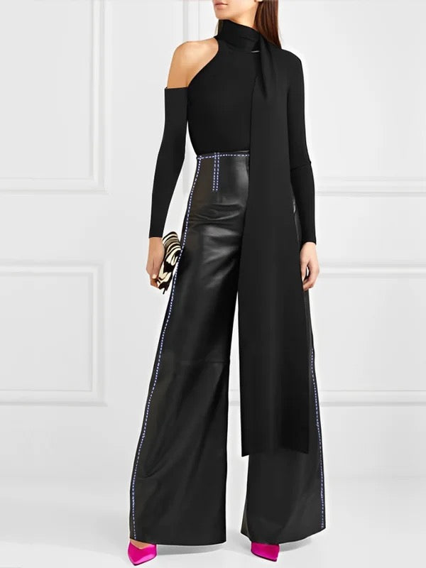 Asymmetric Hollow Ribbon Solid Color Long Sleeves Skinny High Neck T-Shirts Tops