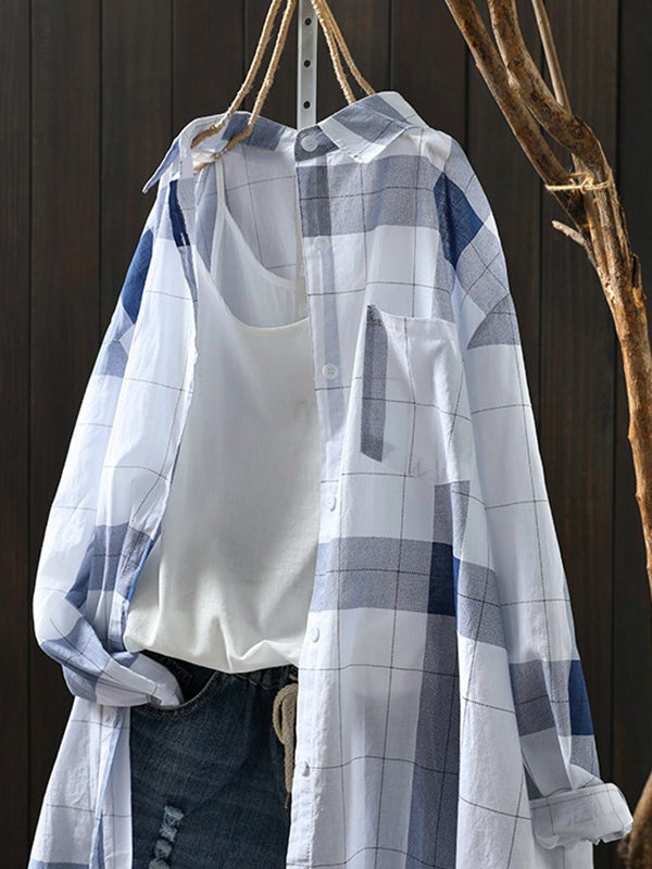 Contrast Color Plaid Sun Protection Long Sleeves Loose Lapel Collar Blouses&Shirts Tops