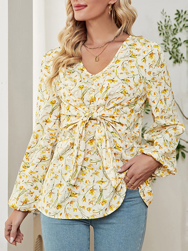 Flower Print Knot Long Sleeves Loose V-Neck Blouses&Shirts Tops