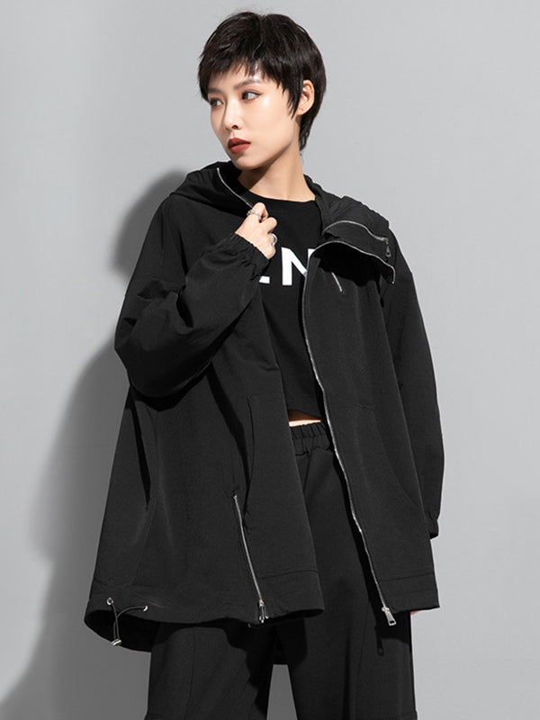 Irregularity Loose Solid Color Zipper Hooded Outerwear