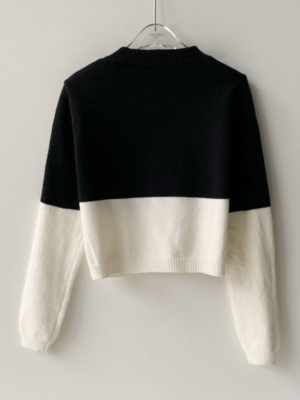 Buttoned Contrast Color Long Sleeves Round-Neck Cardigan Tops