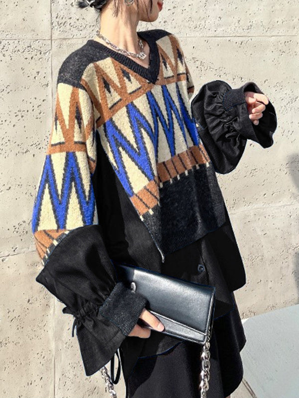 Drawstring Split-Joint False Two Long Sleeves V-Neck Sweater