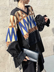 Drawstring Split-Joint False Two Long Sleeves V-Neck Sweater