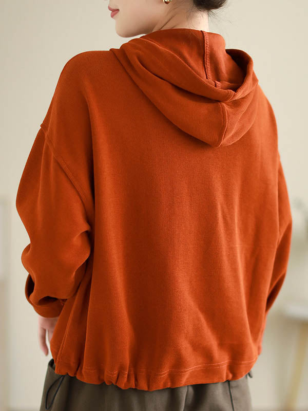 Buttoned Drawstring Pockets Solid Color Hooded Long Sleeves Outerwear