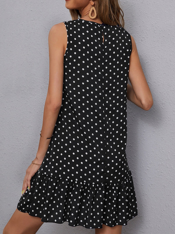 Pleated Polka-Dot Split-Joint A-Line High Waisted Round-Neck Mini Dresses