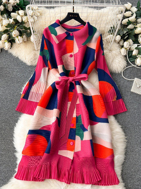Belted Contrast Color Pleated Flared Sleeves Loose Midi Dresses