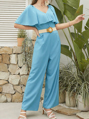 Solid Color Split-Joint High Waisted Ruffle Sleeves V-Neck Jumpsuits