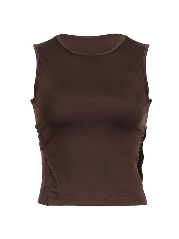 Hollow Solid Color Split-Joint Loose Skinny Round-neck Vest Top