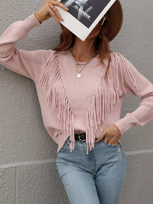 Original Long Sleeves Loose Tasseled Solid Color Round-Neck Sweater Tops
