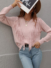 Original Long Sleeves Loose Tasseled Solid Color Round-Neck Sweater Tops