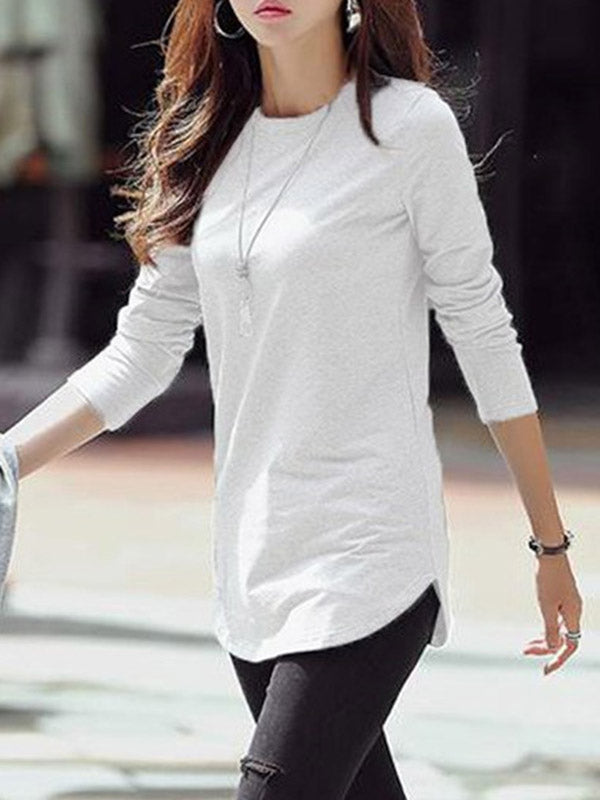 Solid Color Long Sleeves Round-Neck T-Shirts Tops