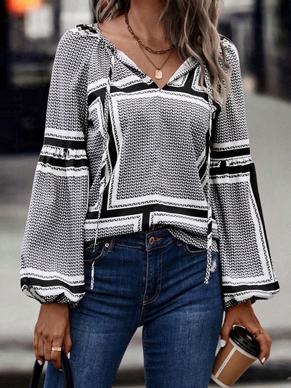 Elasticity Print Tied Long Sleeves Loose V-Neck Blouses&Shirts Tops