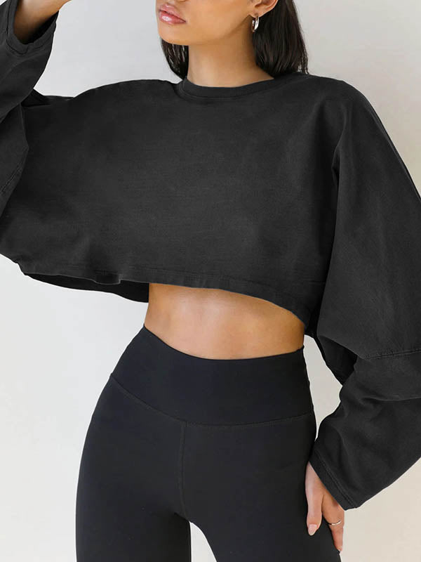 Solid Color Split-Joint Long Sleeves Loose Round-Neck Sweatshirt Tops