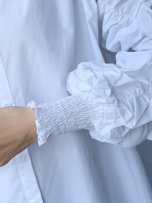 Elasticity Pleated Solid Color Split-Joint High-Low Long Sleeves Round-Neck Blouses