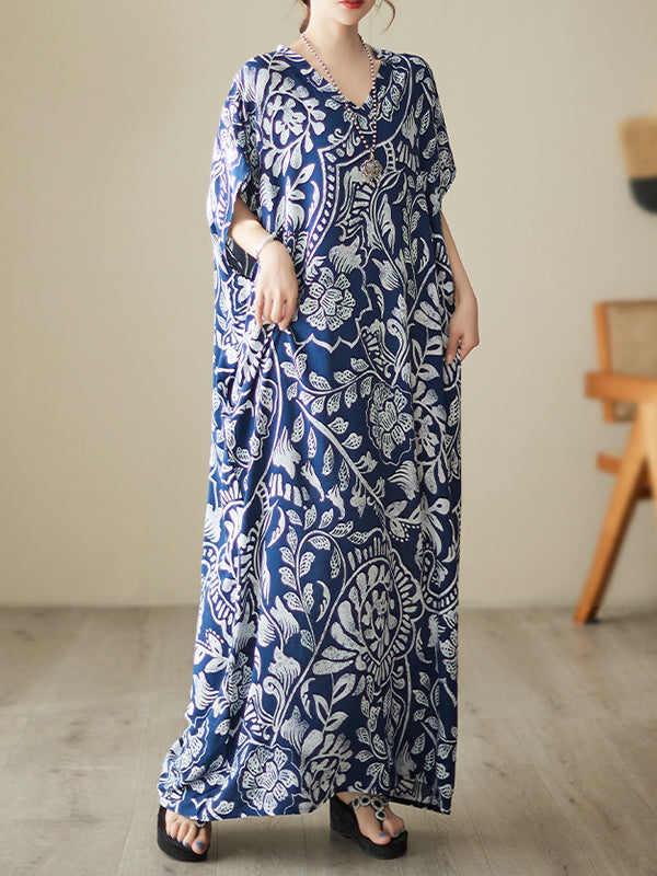 Printed Loose Short Sleeves V-Neck Maxi Dresses