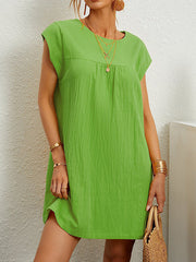 Pleated Solid Color Cap Sleeve Loose Round-neck Mini Dresses