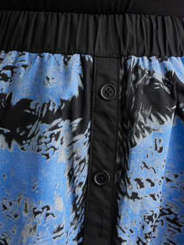 Contrast Color Elasticity Printed Split-Joint A-Line Loose Skirts