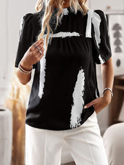 Printed Split-Joint Loose Short Sleeves Mock Neck T-Shirts Tops