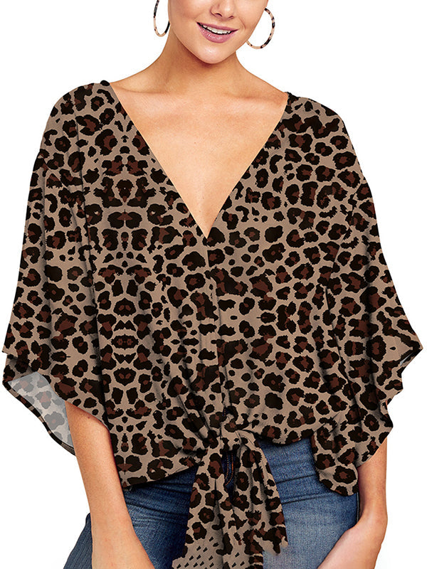 Knot Leopard Batwing Sleeves Half Sleeves V-Neck Blouses&Shirts Tops