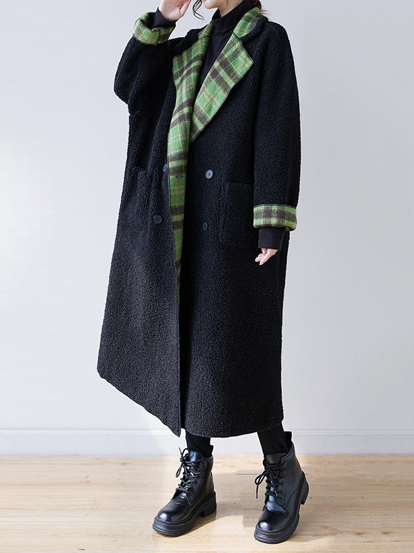 Buttoned Plaid Pockets Reversible Long Sleeves Loose Notched Collar Woolen Coat Outerwear