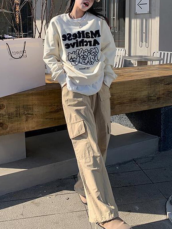 Drawstring Elasticity Pockets Solid Color Split-Joint High Waisted Loose Trousers Pants