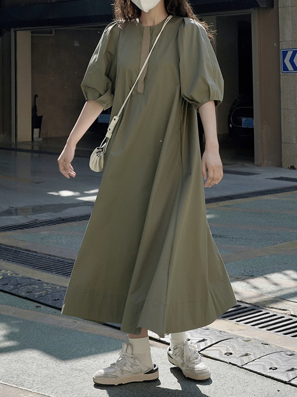 Solid Color Loose Puff Sleeves Round-Neck Midi Dresses
