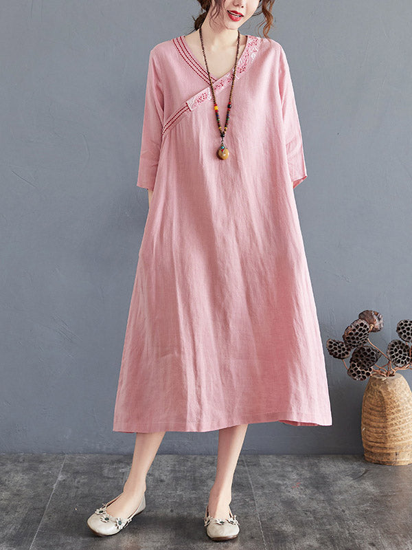 Cotton Blend V-Neck Embroidered Midi Dress