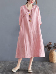 Cotton Blend V-Neck Embroidered Midi Dress