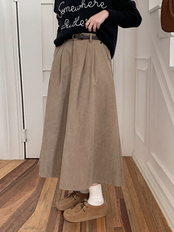 Pleated Solid Color Split-Joint A-Line High Waisted Skirts