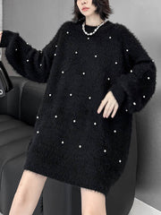 Beads Contrast Color Shiny Split-Joint Long Sleeves Loose Round-Neck Sweater Dresses Mini Dresses