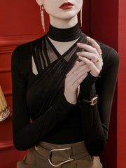 Hollow Pleated Solid Color Split-Joint Long Sleeves Plus Size High Neck T-Shirts Tops