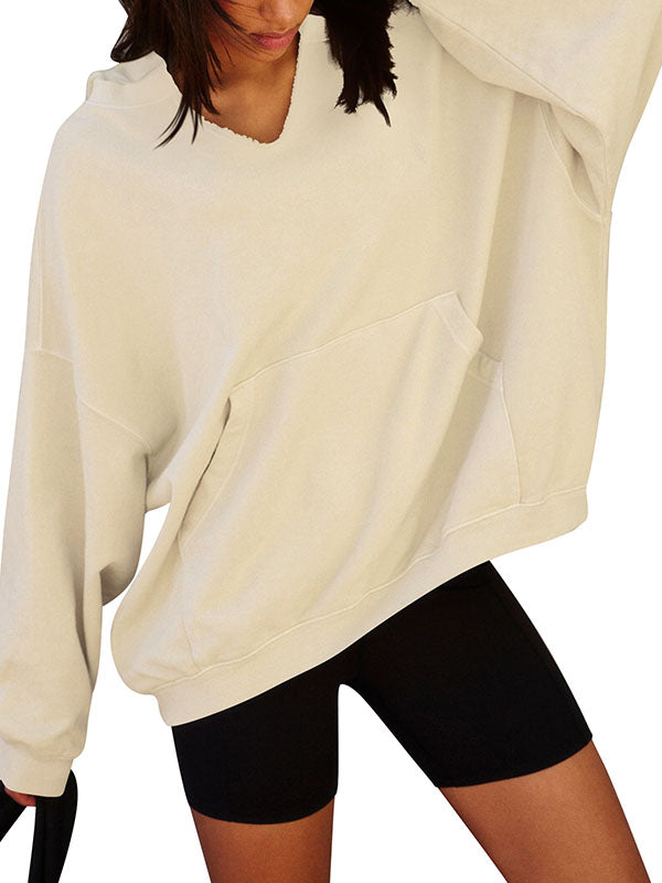 Solid Color Split-Joint Batwing Sleeves Loose Hooded Hoodies Tops