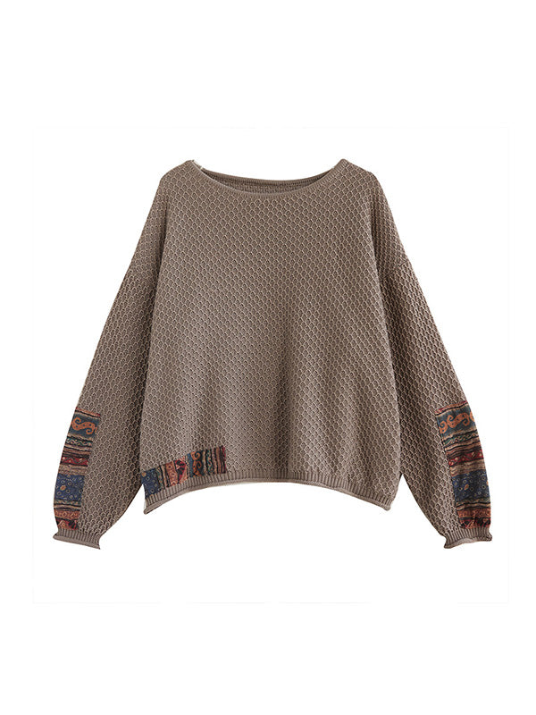 Printed Split-Joint Long Sleeves Loose Round-Neck Sweater Tops Pullovers