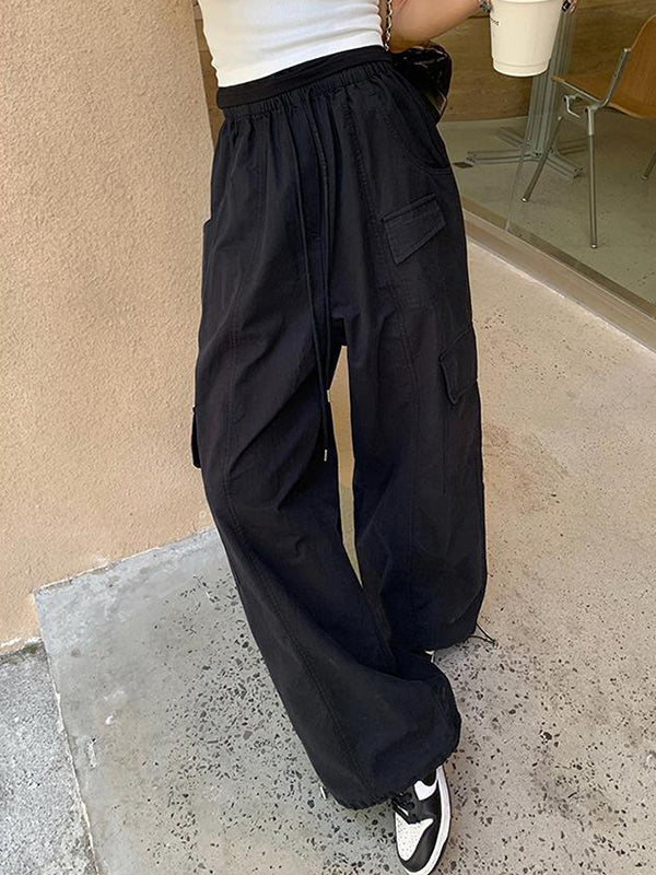 Drawstring Elasticity Pockets Solid Color Split-Joint High Waisted Loose Trousers Pants