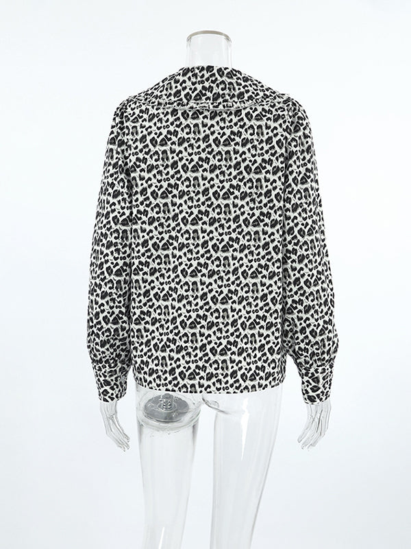 Leopard Printed Split-Joint Loose Puff Sleeves Peter Pan Collar Blouses&Shirts Tops