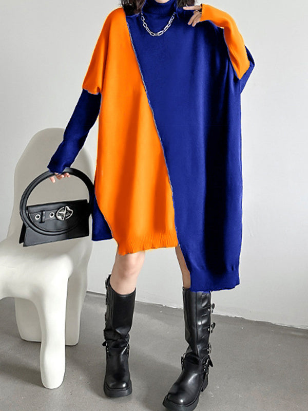 Asymmetric Contrast Color Split-Joint Batwing Sleeves Long Sleeves High Neck Sweater Dresses Midi Dresses