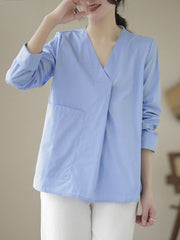 Pockets Solid Color Long Sleeves Loose V-Neck Blouses&Shirts Tops